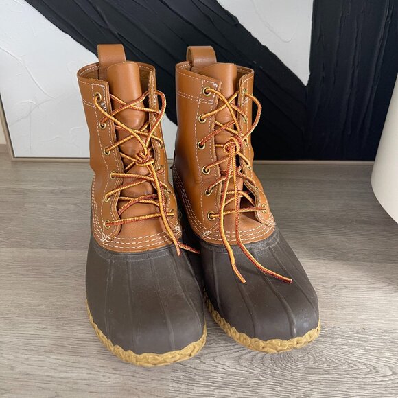Women's LL BEAN Bean Boots Size 8 USA Maine Brown Tan Leather Rubber Duck 8" - Picture 1 of 9